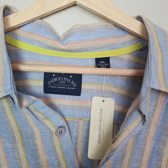 Indigo Palms Linen Button Up shirt Mens XXL Blue Orange Stripes Coastal New - Picture 3 of 12